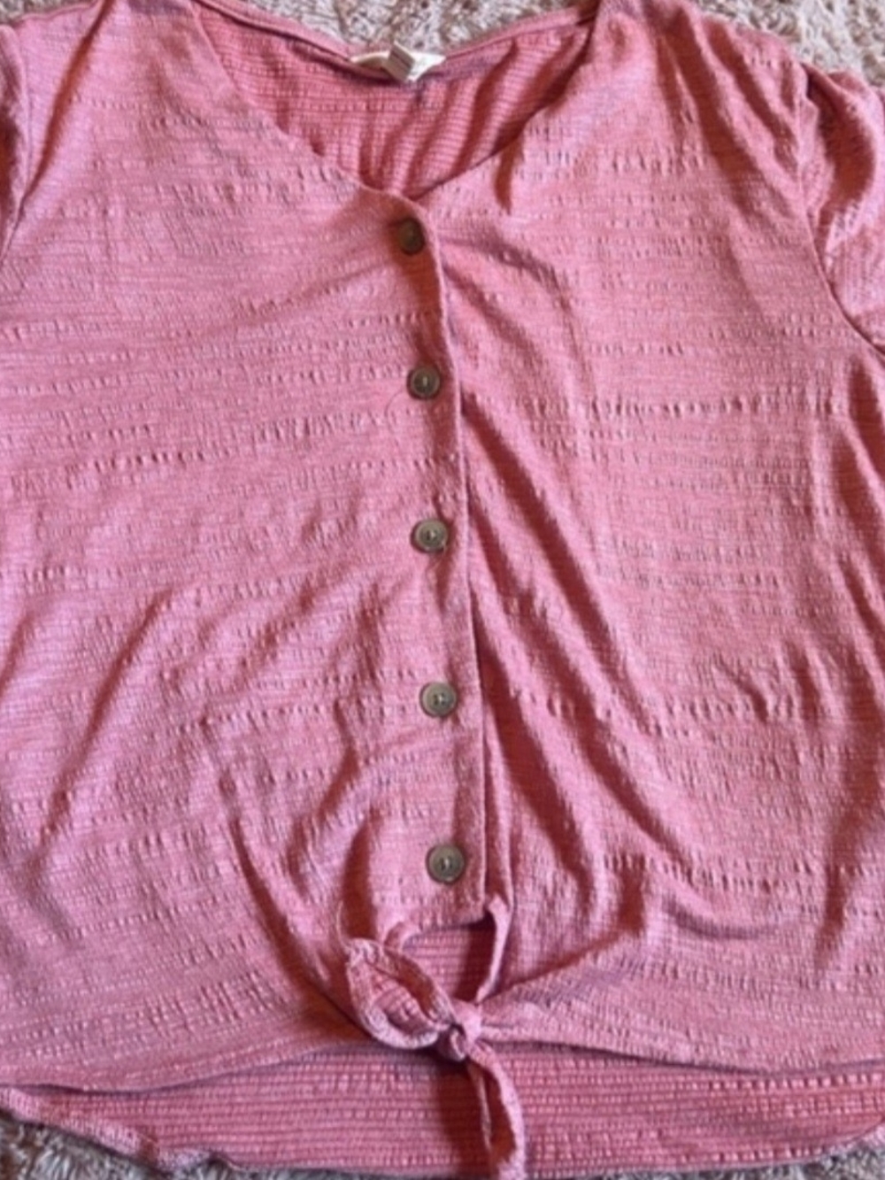 Weatherproof Pink Button-Front Short Sleeve Tie Hem Top